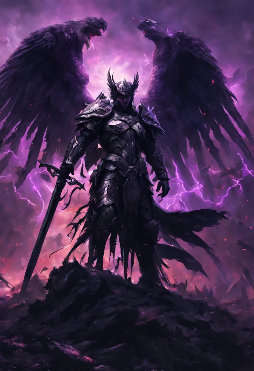 a warrior angel with black wings, dark armor and purple glowing markings surrounded by demons on an apocalyptical battle field, high detail, digital art