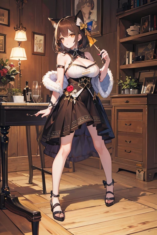 (hyper realisitic), (Illustration), (High resolution), (8K), (Extremely detailed), (Best Illustration), (Beautiful detailed eyes), (Best Quality), (Ultra-detailed), (masutepiece), (Wallpaper), (Detailed face), Solo 1 Girl, Big breasts, Upholstered round metal Bow , Fur collar, (holding a large wooden bow), Beautiful powerful eyes, Beautiful skin, Brown hair, golden eyes (full body), ((war bow))