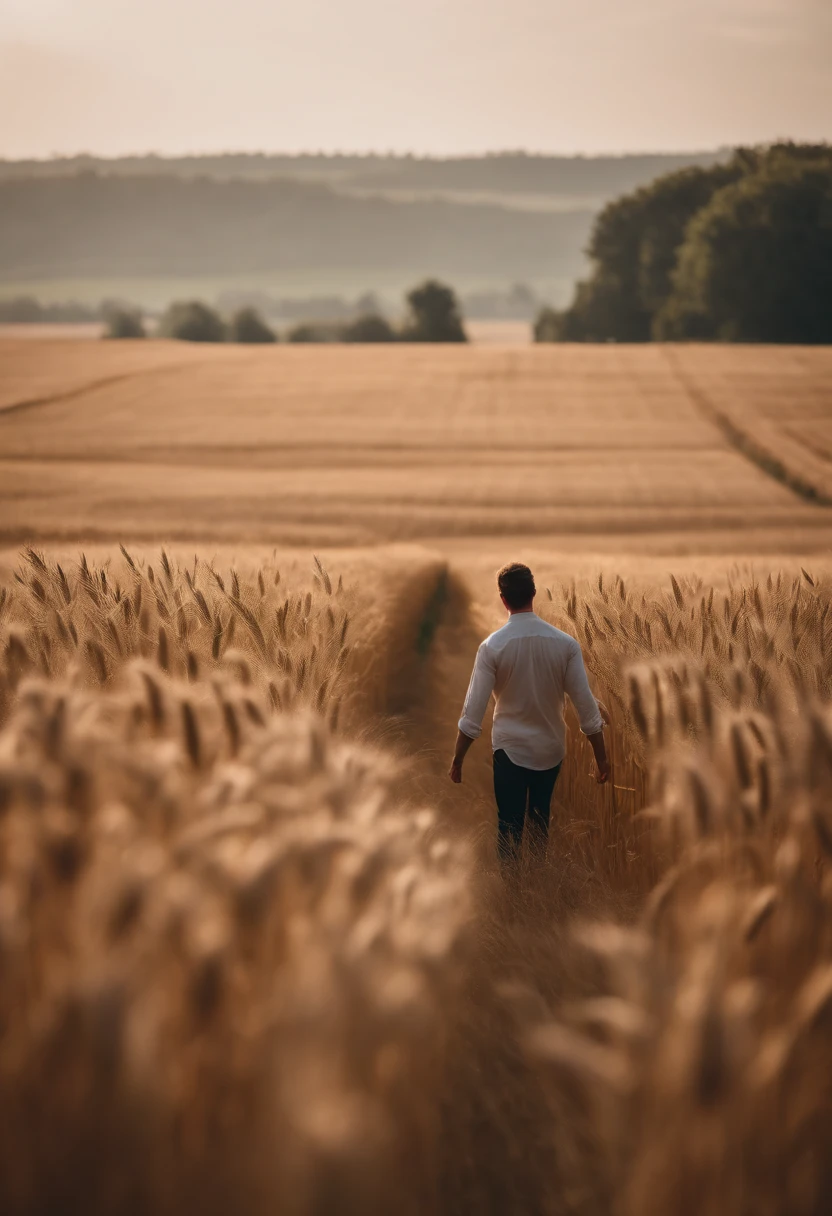 a lifestyle shot of a person walking through a wheat field, surrounded by the tall stalks, capturing the sense of being immersed in the beauty of nature