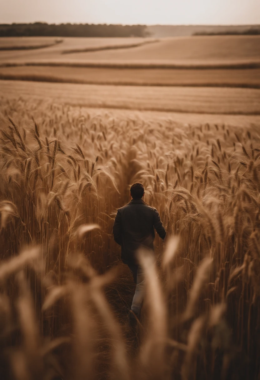 a lifestyle shot of a person walking through a wheat field, surrounded by the tall stalks, capturing the sense of being immersed in the beauty of nature