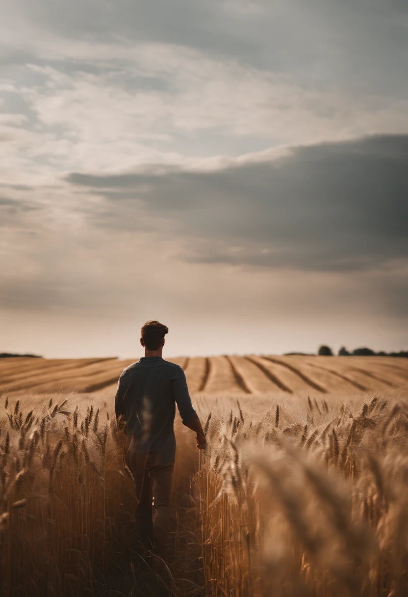 a lifestyle shot of a person walking through a wheat field, surrounded by the tall stalks, capturing the sense of being immersed in the beauty of nature