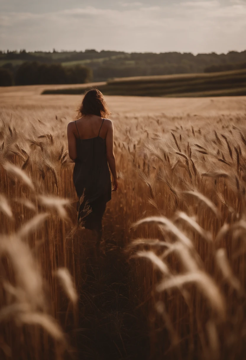 a lifestyle shot of a person walking through a wheat field, surrounded by the tall stalks, capturing the sense of being immersed in the beauty of nature