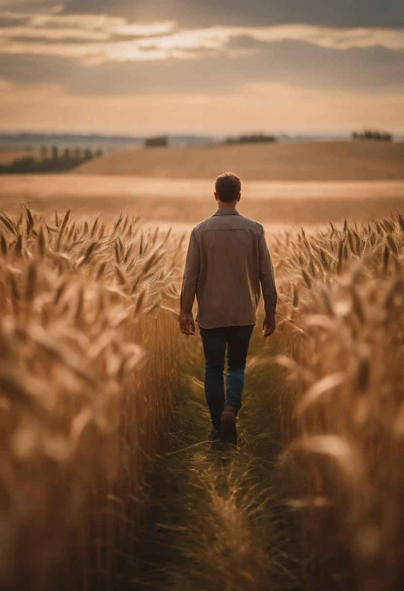 a lifestyle shot of a person walking through a wheat field, surrounded by the tall stalks, capturing the sense of being immersed in the beauty of nature