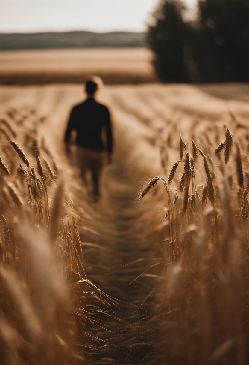a lifestyle shot of a person walking through a wheat field, surrounded by the tall stalks, capturing the sense of being immersed in the beauty of nature
