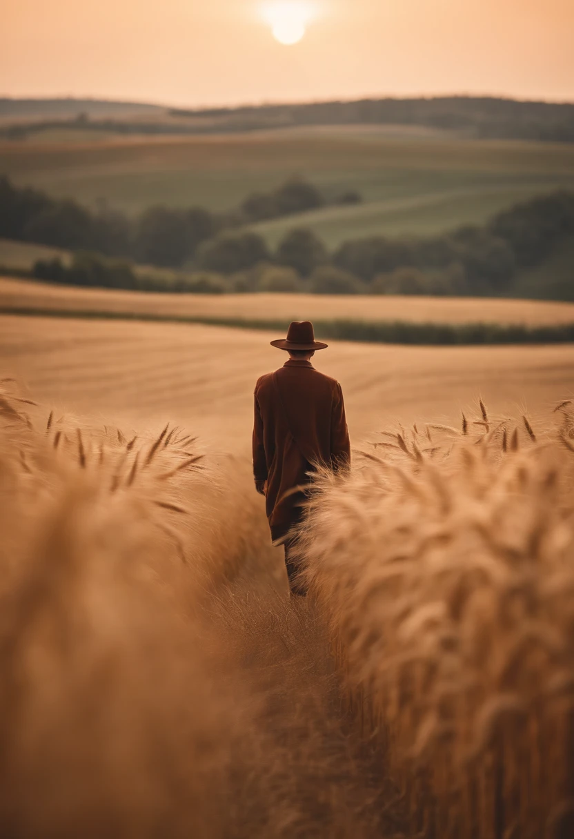 a lifestyle shot of a person walking through a wheat field, surrounded by the tall stalks, capturing the sense of being immersed in the beauty of nature