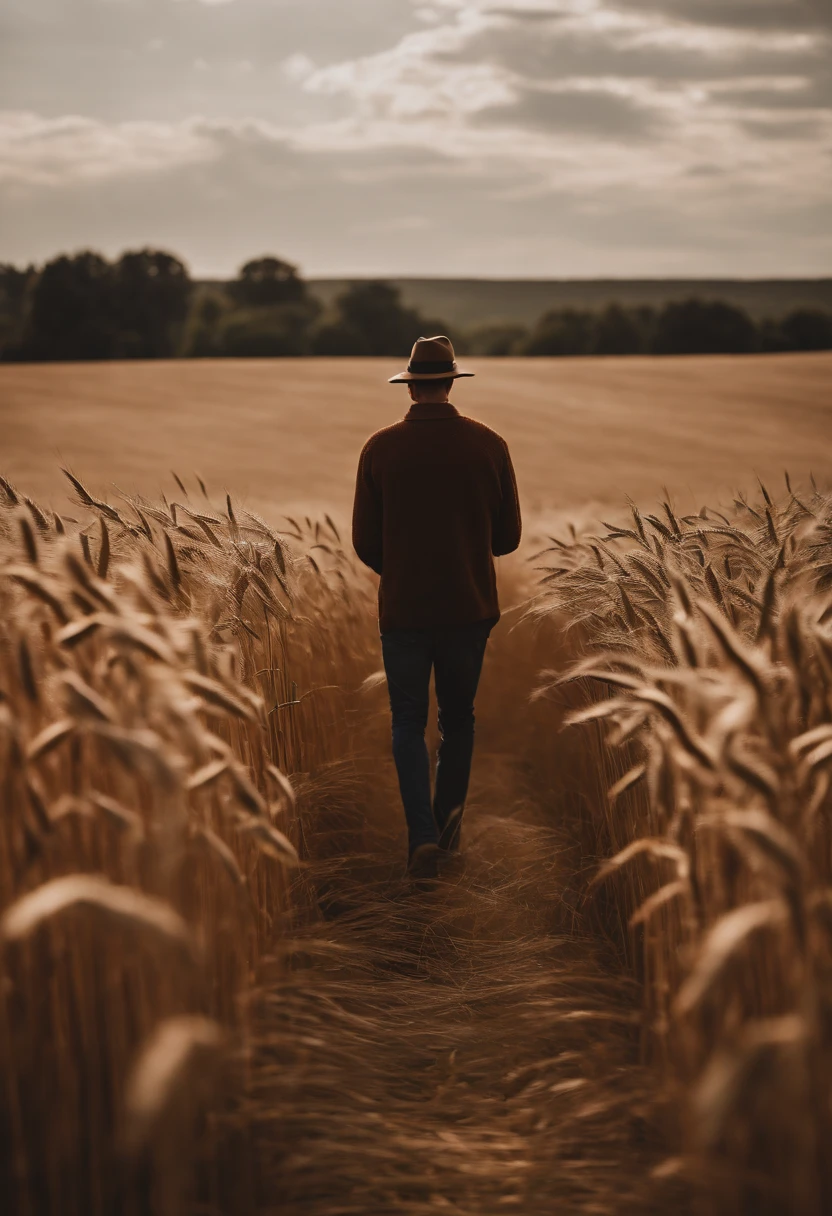 a lifestyle shot of a person walking through a wheat field, surrounded by the tall stalks, capturing the sense of being immersed in the beauty of nature