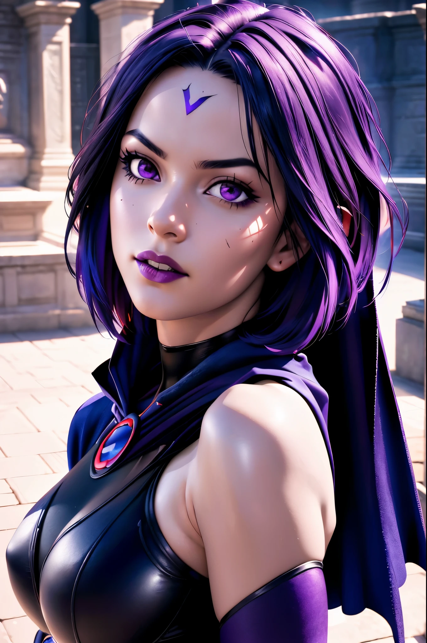 masterpiece, best quality, , raven \(dc\), raven from  titans, 1girl, superhero, black leotard,
masterpiece, best quality, highest quality, cinematic lighting, (volumetric lighting), extremely detailed CG unity 8k wallpaper, focused, 8k wallpaper, 4k wallpaper, extremely detailed, ultra realistic, photorealistic, sharp focus, absurdres, (HDR:1.2), (high contrast), photograph, detailed and intricate, Instagram, vibrant, 4K HQ, sharp focus, (Ultra realistic [[photo]], detailed face:1.0), (detailed eyes:1.0), (realistic photo:1.1), (masterpiece:1.0), detailed background, (full body),  texture, textured hair, 
purple hair, short hair, large breasts, purple cape, red eyes, (nude), round ass,