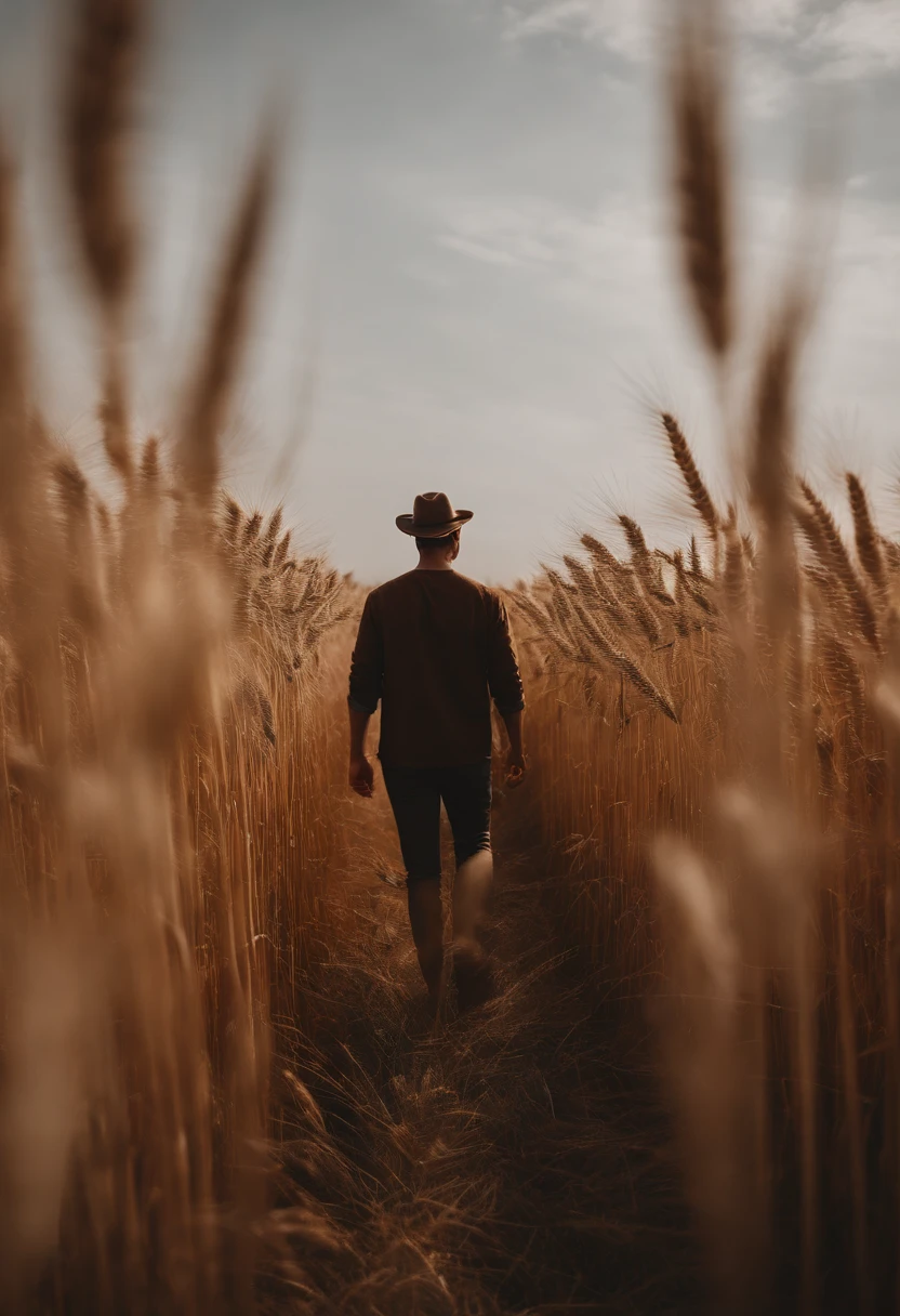 a lifestyle shot of a person walking through a wheat field, surrounded by the tall stalks, capturing the sense of being immersed in the beauty of nature