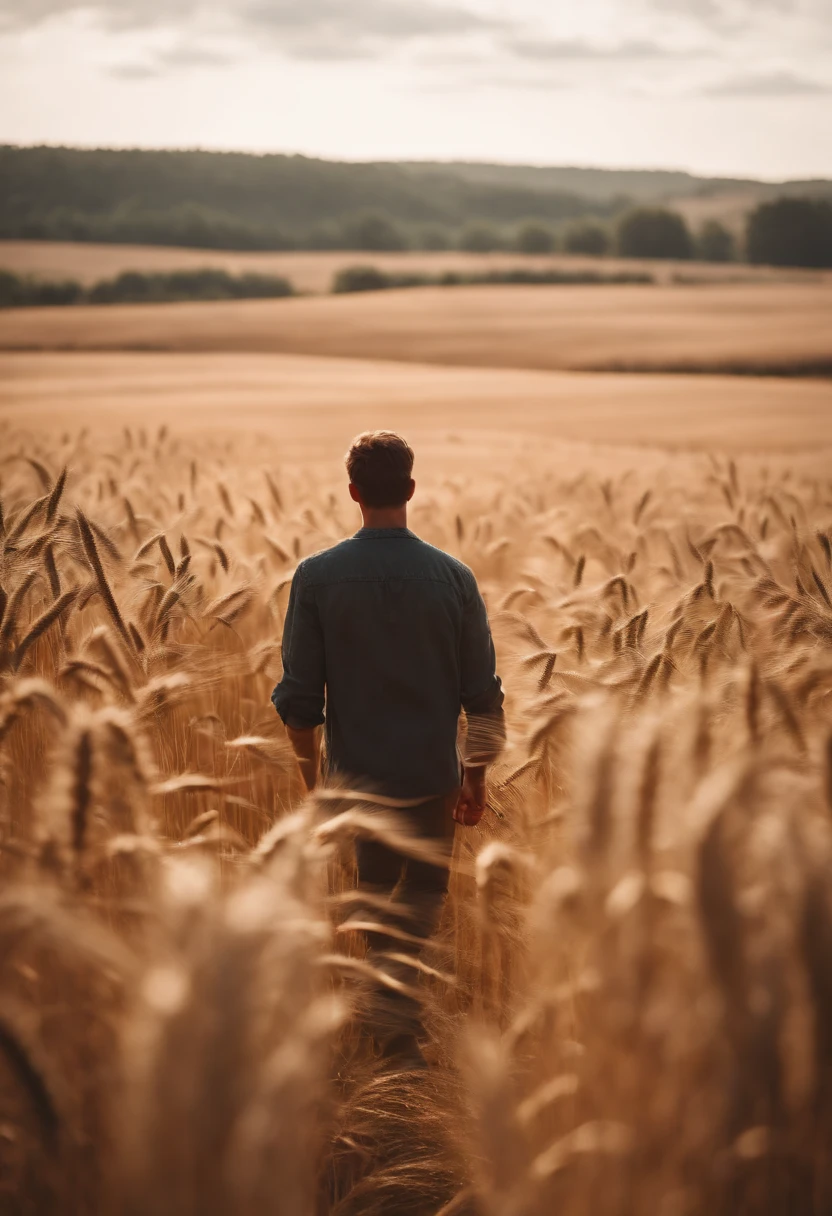 a lifestyle shot of a person walking through a wheat field, surrounded by the tall stalks, capturing the sense of being immersed in the beauty of nature