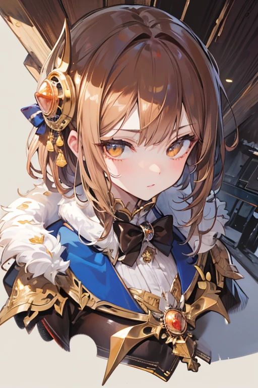 (hyper realisitic), (Illustration), (High resolution), (8K), (Extremely detailed), (Best Illustration), (Beautiful detailed eyes), (Best Quality), (Ultra-detailed), (masutepiece), (Wallpaper), (Detailed face), Solo 1 Girl, Big breasts, Upholstered round metal Bow , Fur collar, (holding a large wooden bow), Beautiful powerful eyes, Beautiful skin, Brown hair, golden eyes (full body), ((war bow))
