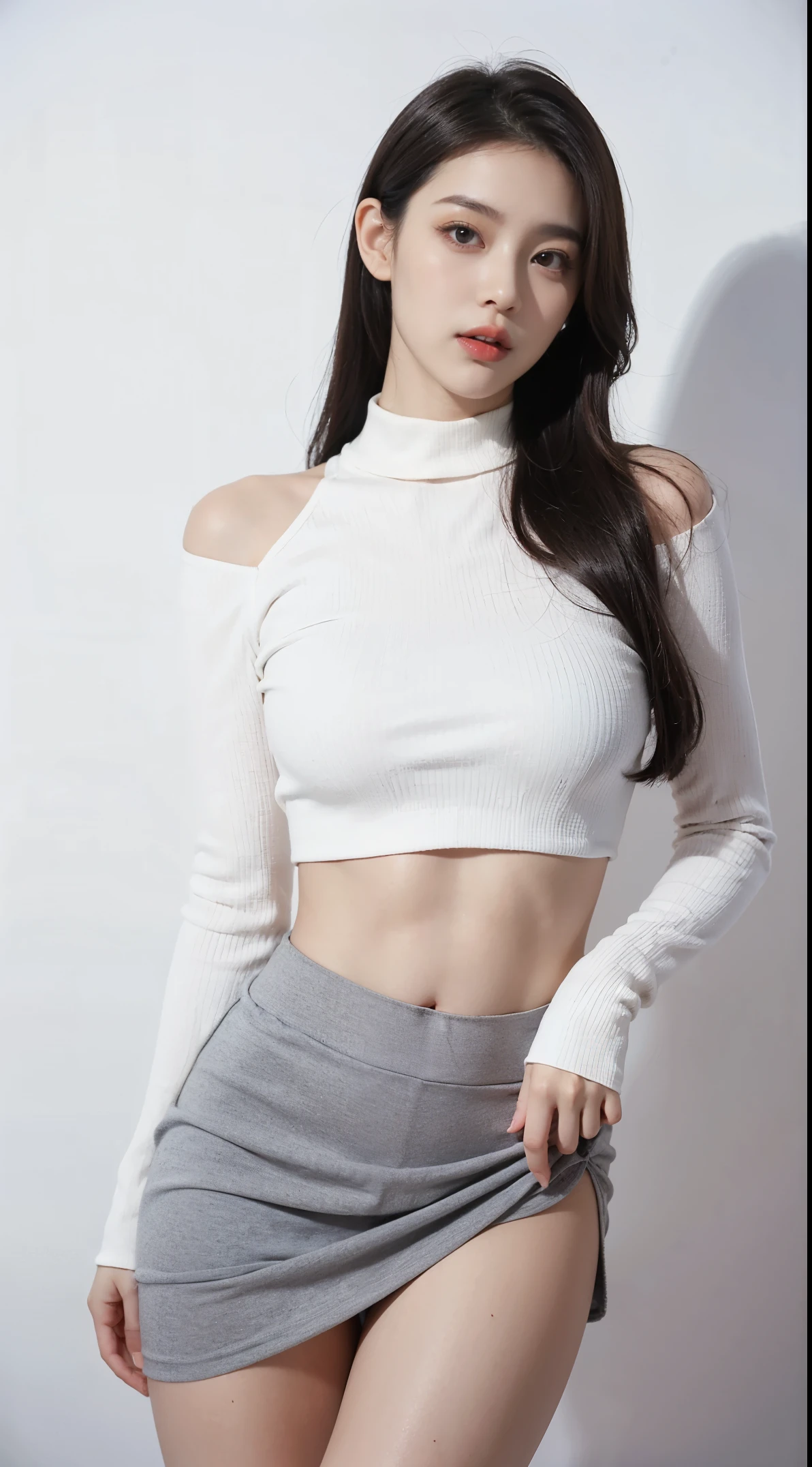 1 girl with sagging hips, skin-tight pull-over, skin-tight miniskirt which is so thin and soft that reflects her voluptuous and sensual hips, perfect midriff, icy eyeshadow, Pale skin, juicy lips, Long Eyelashes, Hourglass body, thin waist, good shaped hips,