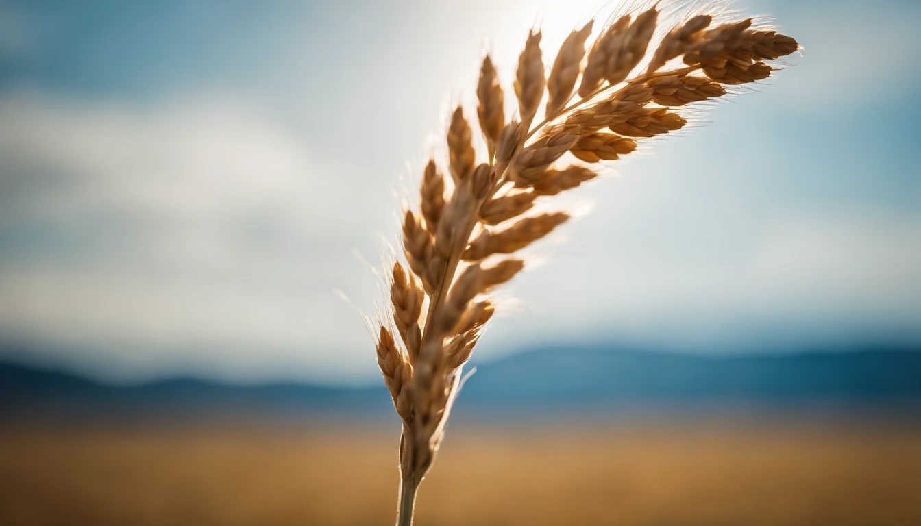 a creative shot of a single wheat stalk, isolated against a clear blue sky or a contrasting background, emphasizing its height and elegance