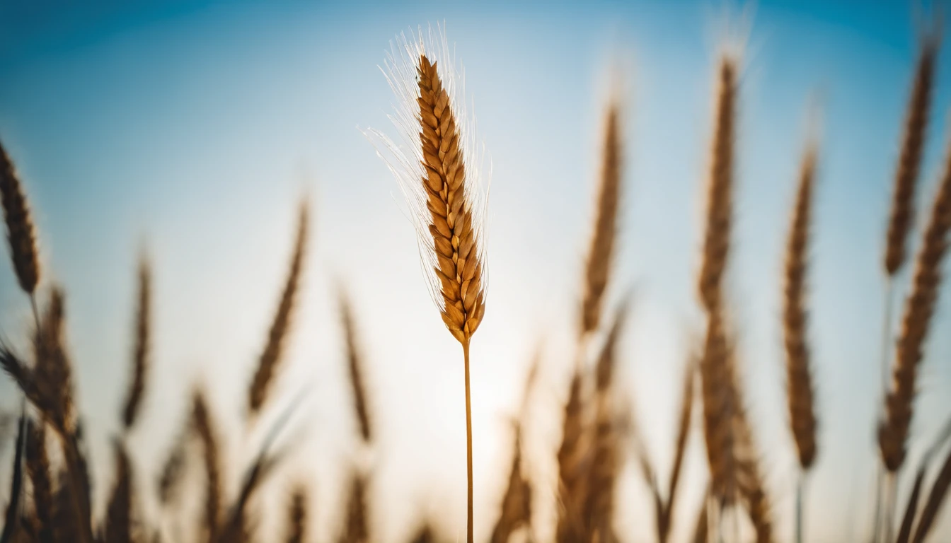 a creative shot of a single wheat stalk, isolated against a clear blue sky or a contrasting background, emphasizing its height and elegance