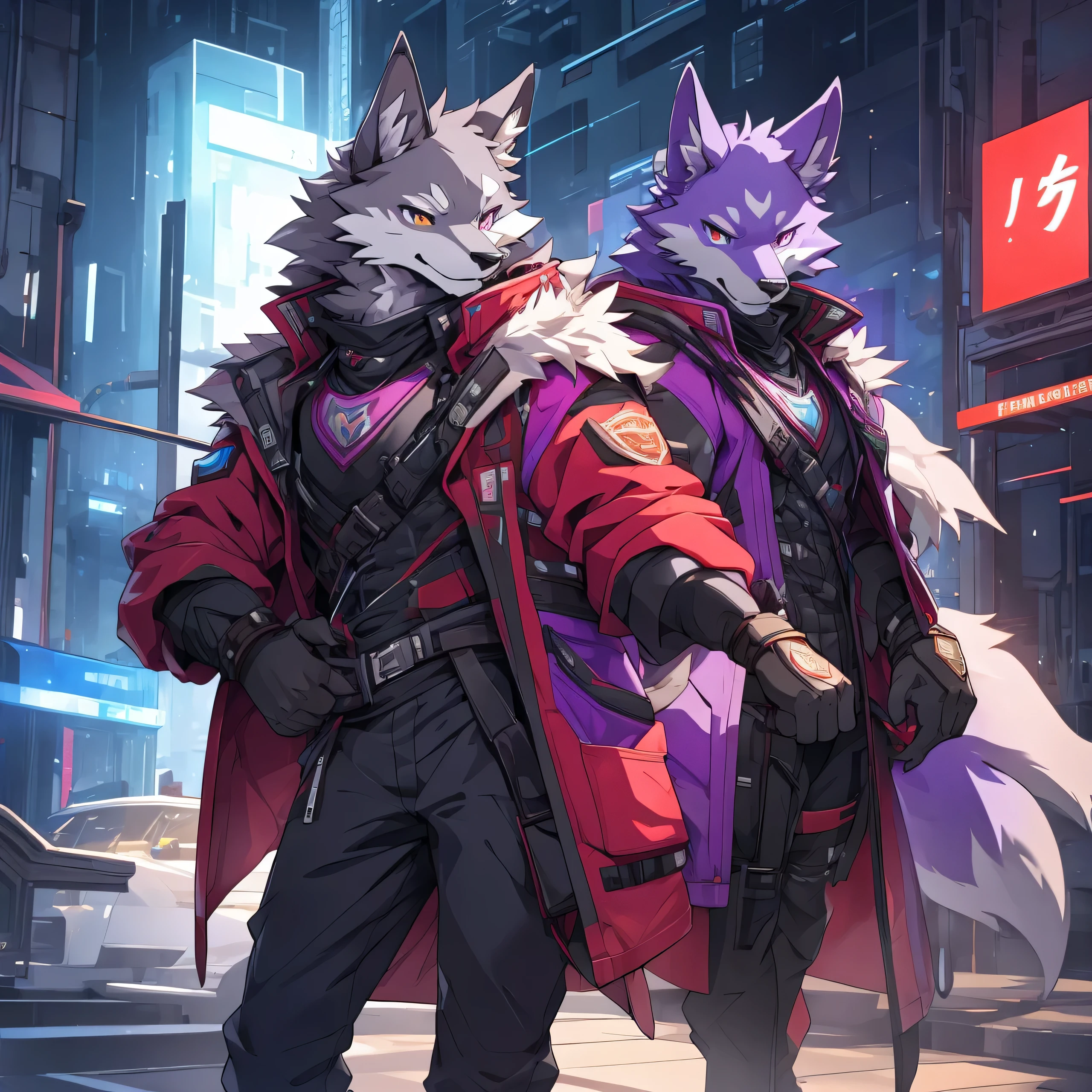 (((one male individual))), Purple right eye, Red left eye, Furry, 8K High Definition, Very detailed, super masutepiece, Best Quality, super detailed, Correct anatomy, anthropomorphic, wolf, Background: Future City, (king), wearing a purple and red jacket, Full body, ((Body color is gray)), (slim figure), Front view, perfect hand, Very enchanting, Realistic, masutepiece, Best Quality, Perfect Anatomy, nj5Furry, Solo, baggy clothes, Gentle, Bright eyes, Detailed eyes, looking at viewer, well-muscled