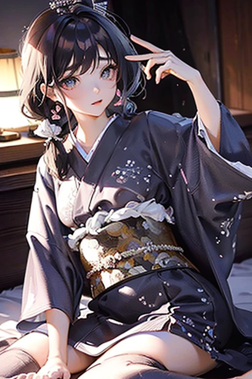 masutepiece, Best Quality, Dusk, against backlight at dusk, Realistic, Real, Huge_filesize, wall-paper, Japanese, girl, Medium Hair, Black hair, disheveled hair, view the viewer, Beautiful detailed eyes, frilled thighhighs, earrings, Jewelry, Pendants, arm_arms cuffs, 双臂在头后, crosses_Legs, Spread legs, side-tie_Panties, sexy lingerie, Japanese_Clothes, Obi,