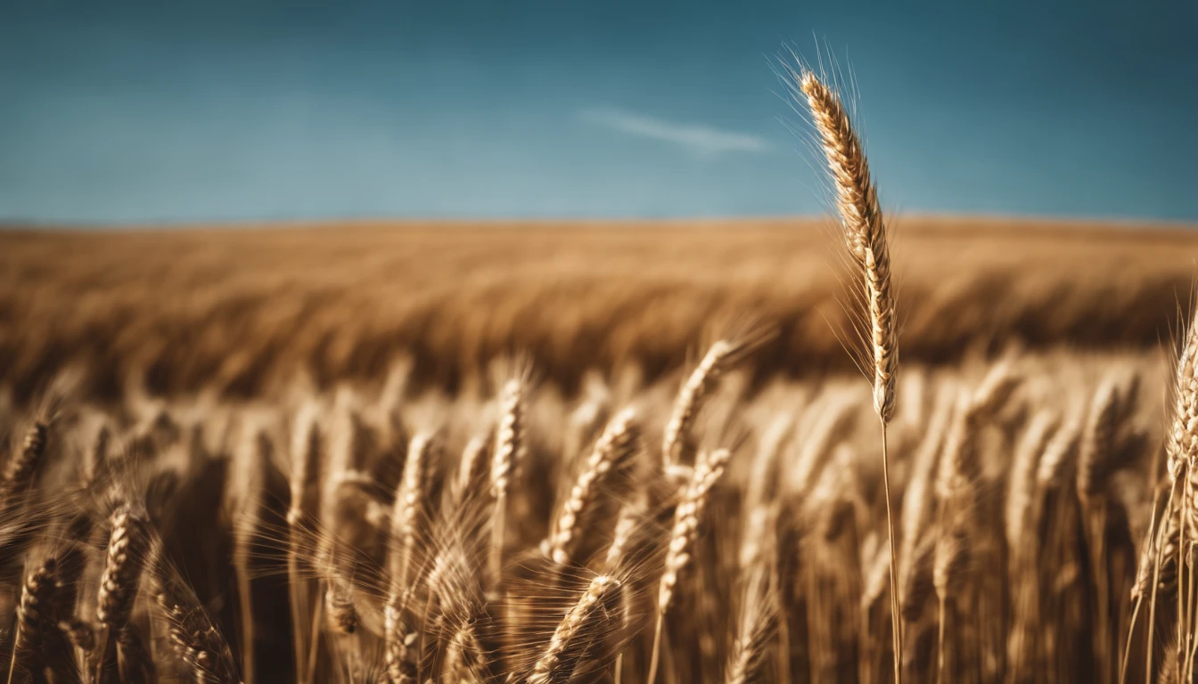 a creative shot of a single wheat stalk, isolated against a clear blue sky or a contrasting background, emphasizing its height and elegance