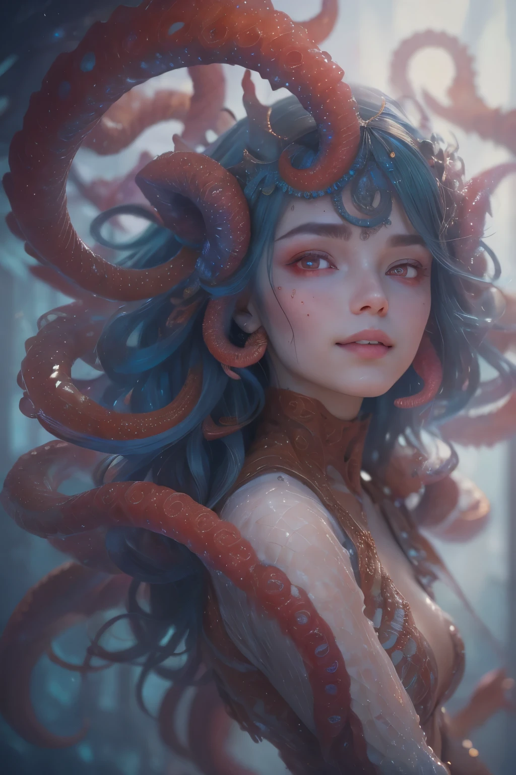 Portrait, (beautiful female alien:1.2), (she has red eyes with no pupils:1.8), (Translucent skin:1.7), (There is a female genital-like organ in the middle of the forehead:1.9), (The most beautiful face in the history of the universe:1.2),an evil gaze that seduces, (large mouth:1.1), (sharp teeth like a vampire:1.2), Full body like, (bio luminescent:1.5), (Smile wickedly:1.3), (sexypose:1.5), alien, No humans, cells are fused, (Lots of translucent tentacles:1.3) extraterrestrial, cell, bio image, Best Quality, 8K,4K_quality, High Definition, Dramatic Lighting, masutepiece:1.5,cinematic quality, detail up, (Intricate details:1.2), High resolution, High Definition, drawing faithfully, (Thick eyebrows:1.2), Beautiful eyes with fine symmetry,(Highly detailed face and eyes:1.2), Intimate face, (Super detailed skin quality feeling:1.4), Perfect Anatomy, (Beautiful toned body:1.5), (Moist skin:1.2), No makeup, (dark circles:1.1), long canines, cinematic drawing of characters, ultra high quality model, cinematic quality, detail up, (Intricate details:1.2), High resolution, High Definition, drawing faithfully, Official art, Unity 8K wall , 8K Portrait, Best Quality, Very High resolution, ultra detailed artistic photography, midnight aura, unreal enginee 5, Ultra Sharp Focus, art by alberto seveso, ArtGerm, Roisch, intricate artwork, best quality, masutepiece, ultra High resolution, (photos realistic:1.4), Ultra-realistic realism, dream-like, nautilus, Creation of fantasy, Snail, Dream Snail, biopunk nautilus, Thrilling color schemes, Ultra-realistic realism, seductively smiling, Blue tentacles,