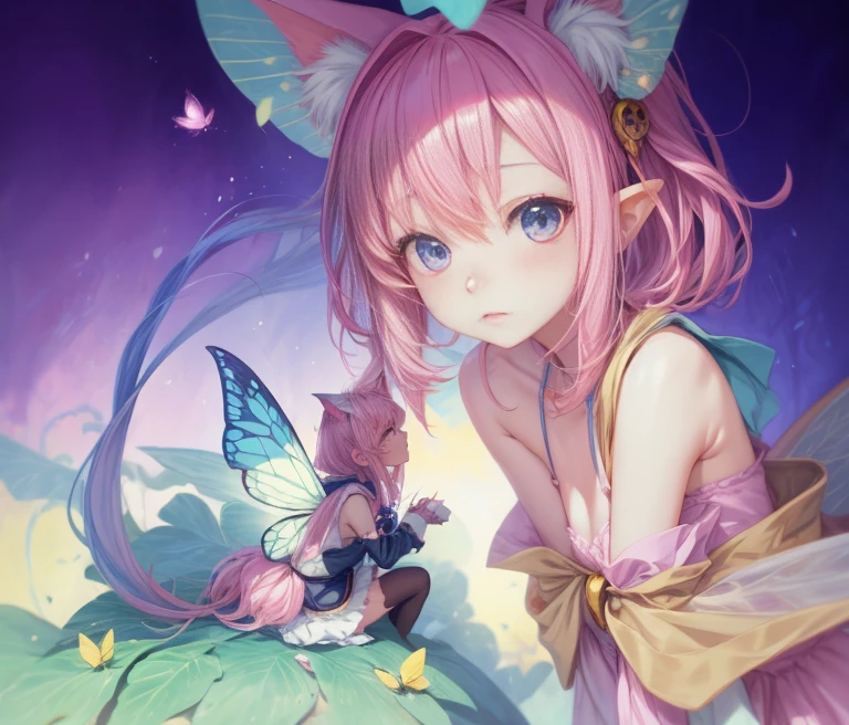 anime girl with pink hair and blue eyes holding a butterfly, anime in fantasy style, fairycore, very beautiful anime cat girl, pixiv contest winner, cute anime catgirl, pixie character, fae, faerie, beautiful anime catgirl, cute anime, soft anime illustration, insect trainer girl, digital anime art!!, anime fantasy illustration, in anime style