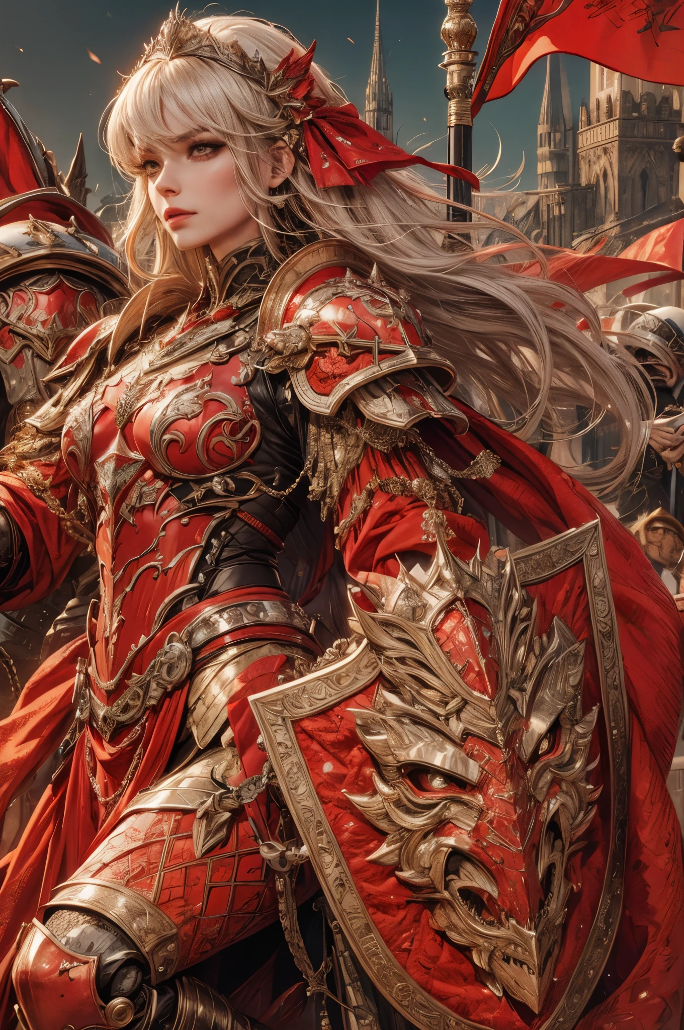 (Detailed illustrations,Very detailed and detailed drawing,Delicate lines with slow and rapid,Realistic texture expression),[Color tressed main line],(Fantasy World Battlefield Background [Burning castle]),((ROBOT GIRL) (red knight [[corinthian helmet]streamline][well-muscled])[WEAPON MACHINE[Princess Knight][[METALFACE]]]),[red dragon armor[scale]][[luxurious embroidered cloak]],[red dragon pattern],[use a sword as a weapon],[[Mobile Weapon Gigant Size][Science Fiction Mechanical]],((gorgeous shiny armor)),(Intricate and beautiful decoration [Dense detail]),[Transparency],(Precisely drawn face)[完璧な目のdetaileds(Iris beautifully drawn in every detail)[Jewel-like eyes]],[long and beautiful eyelashes],[Meticulously drawn hair [美しく艷やかな髪のdetaileds]],(完璧な手のdetaileds [Beautiful fingers without breakdowns [Beautiful nails]]),(Perfect Anatomy(Perfectly proportioned))[[Full body like]],[Ideal color coordination(Accurate simulation of light-material interactions)],([Precision Detail](detaileds,high-detail)),[Visual art that conveys a sense of narrative].