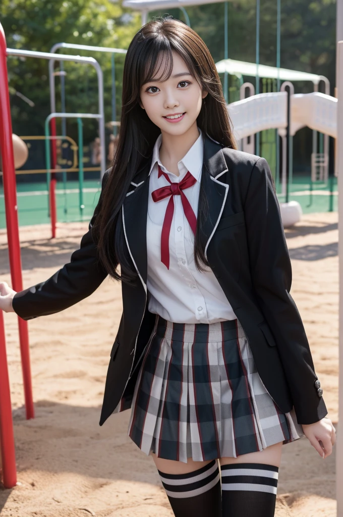 (masterpiece, best quality:1.2), cowboy shot, solo, 1girl, yukinoshita yukino, smile, open mouth, looking at viewer, ((squating)), ((playground background)), black shadow eye, make up, school uniform, black jacket, plaid skirt, black stockings