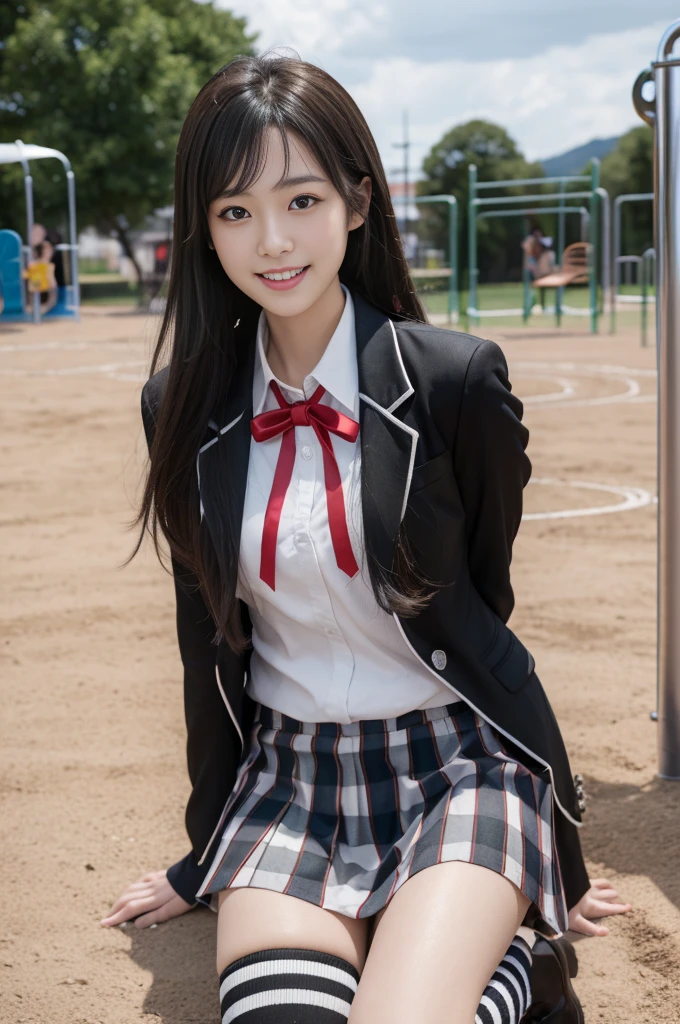((full body:1.4)), (masterpiece, best quality:1.2), cowboy shot, solo, 1girl, yukinoshita yukino, smile, open mouth, looking at viewer, ((wide smile:1.3)), ((kneeling:1.4)), ((lift skirt:1.4)), ((playground background)), black shadow eye, make up, school uniform, black jacket, plaid skirt, black stockinglack loafers:1.2)), ((sky from below:1.4)), ((show panties:1.3)),