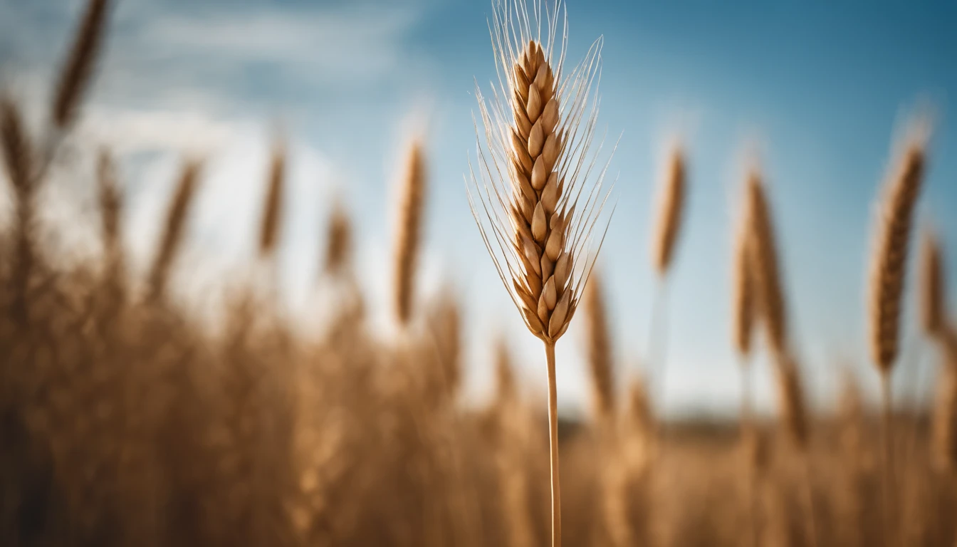 a creative shot of a single wheat stalk, isolated against a clear blue sky or a contrasting background, emphasizing its height and elegance