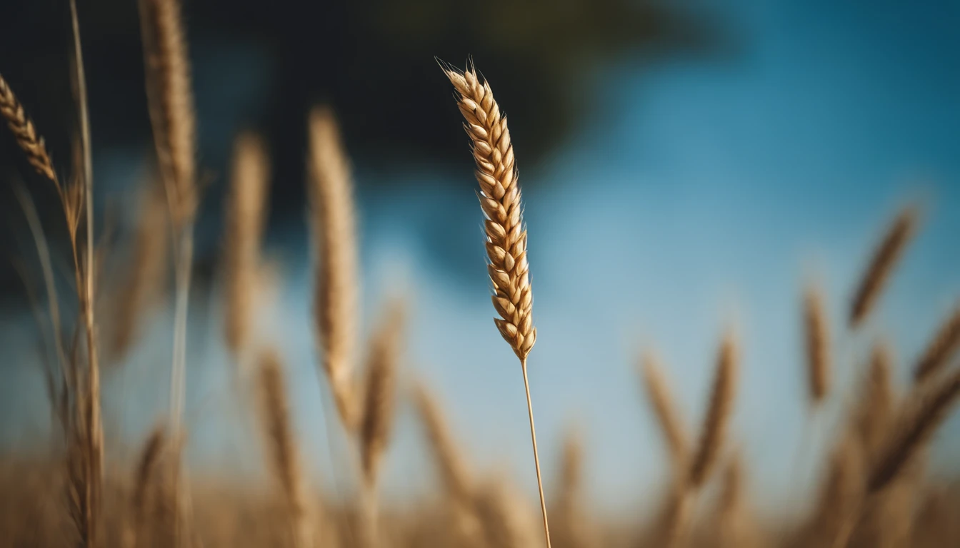 a creative shot of a single wheat stalk, isolated against a clear blue sky or a contrasting background, emphasizing its height and elegance