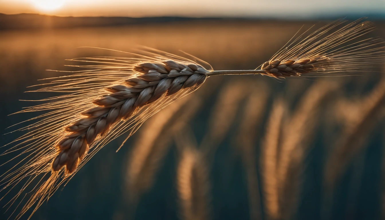 a creative shot of a single wheat stalk, isolated against a clear blue sky or a contrasting background, emphasizing its height and elegance