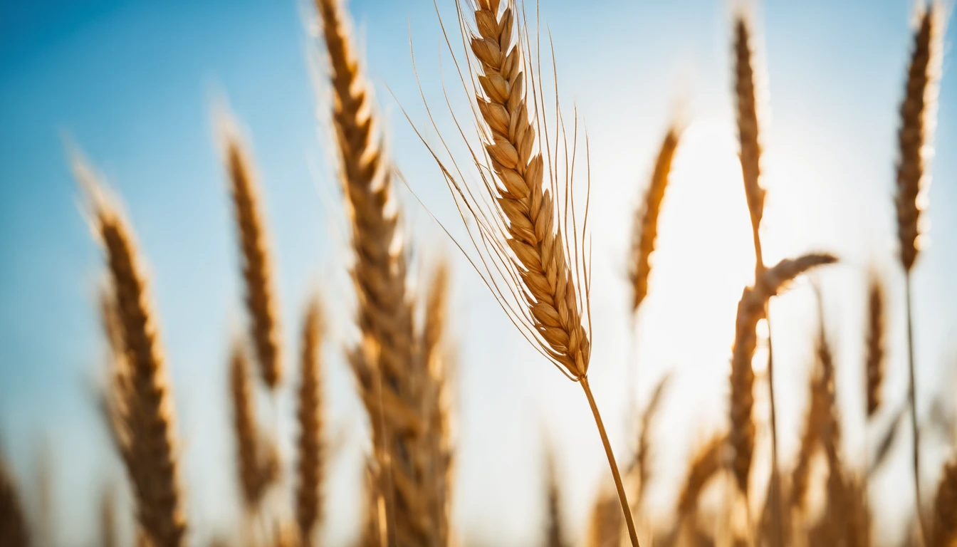 a creative shot of a single wheat stalk, isolated against a clear blue sky or a contrasting background, emphasizing its height and elegance