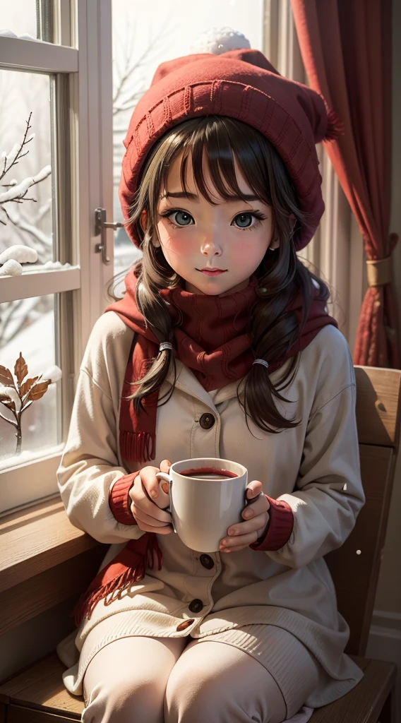 Healing style，A girl wearing a red hat sits in front of the window，With a cup of coffee in his hand，It was snowing outside