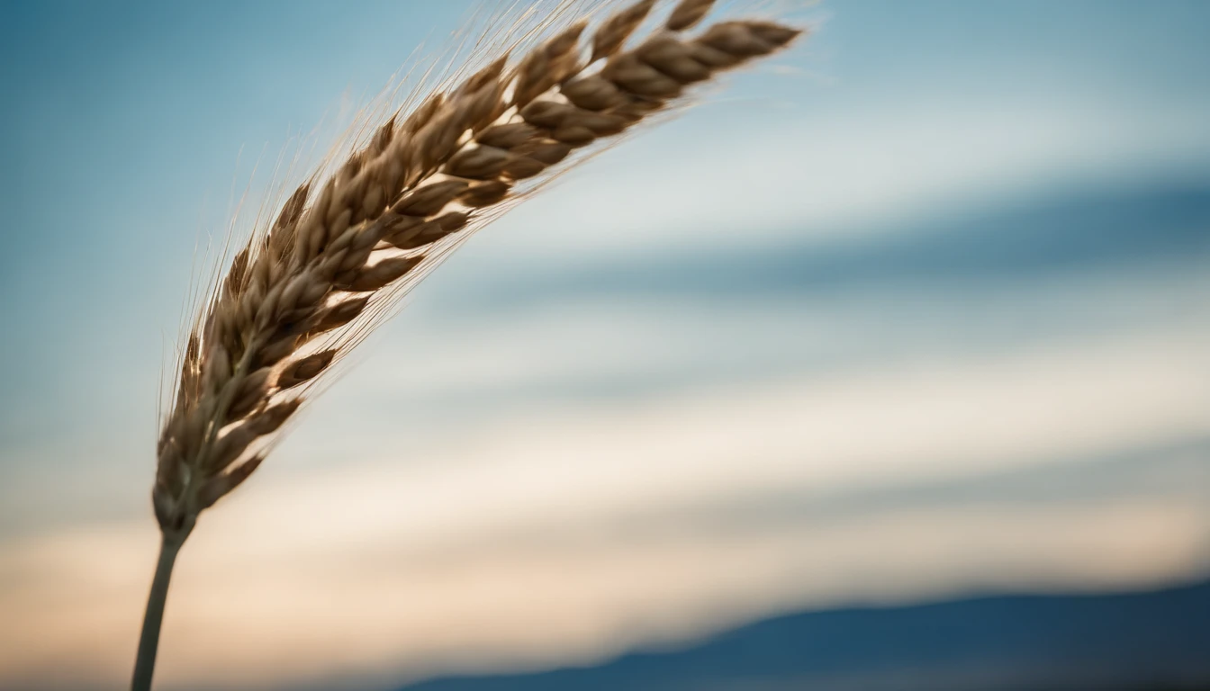 a creative shot of a single wheat stalk, isolated against a clear blue sky or a contrasting background, emphasizing its height and elegance