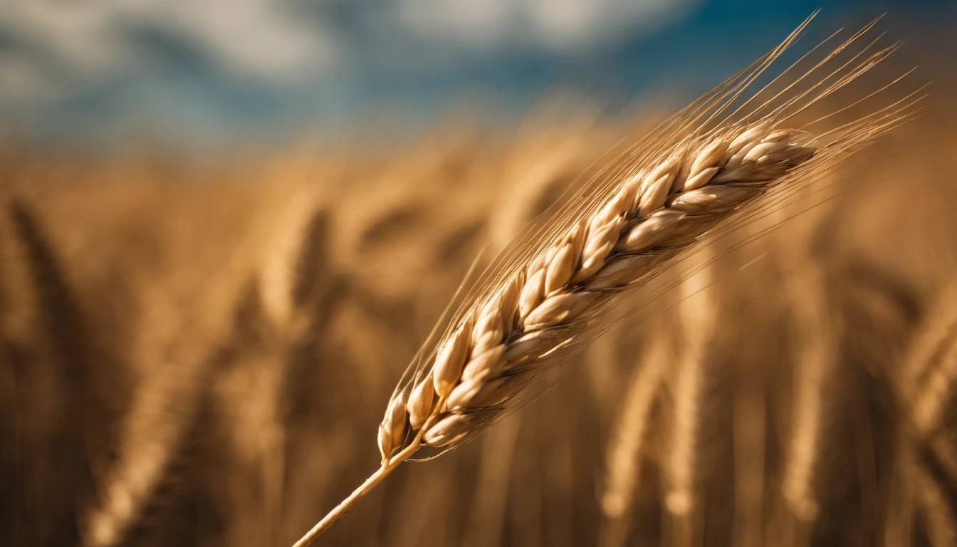 a creative shot of a single wheat stalk, isolated against a clear blue sky or a contrasting background, emphasizing its height and elegance