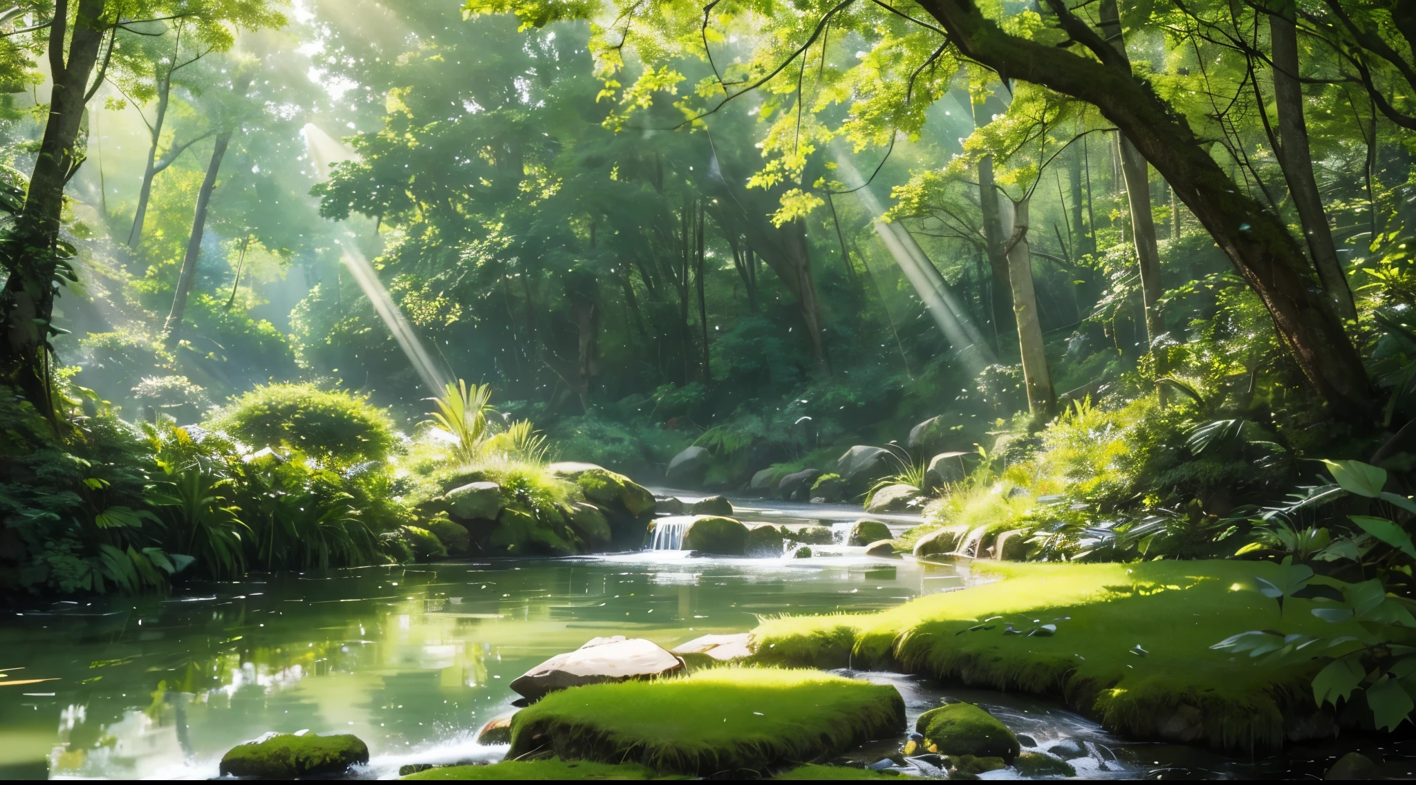 A serene valley in a forest,(best quality,4k,8k,highres,masterpiece:1.2),ultra-detailed,(realistic,photorealistic,photo-realistic:1.37),lush greenery,sparkling streams,peaceful atmosphere,sunlight filtering through the trees,rich biodiversity,colorful flowers and plants,gentle hill slopes,tranquil pond,ancient towering trees,whispering leaves,rays of sunlight penetrating the canopy,serene wildlife,calm and clear reflections on the water,soft moss-covered rocks,harmonious sounds of nature,rays of golden light,birds chirping,and a sense of tranquility.