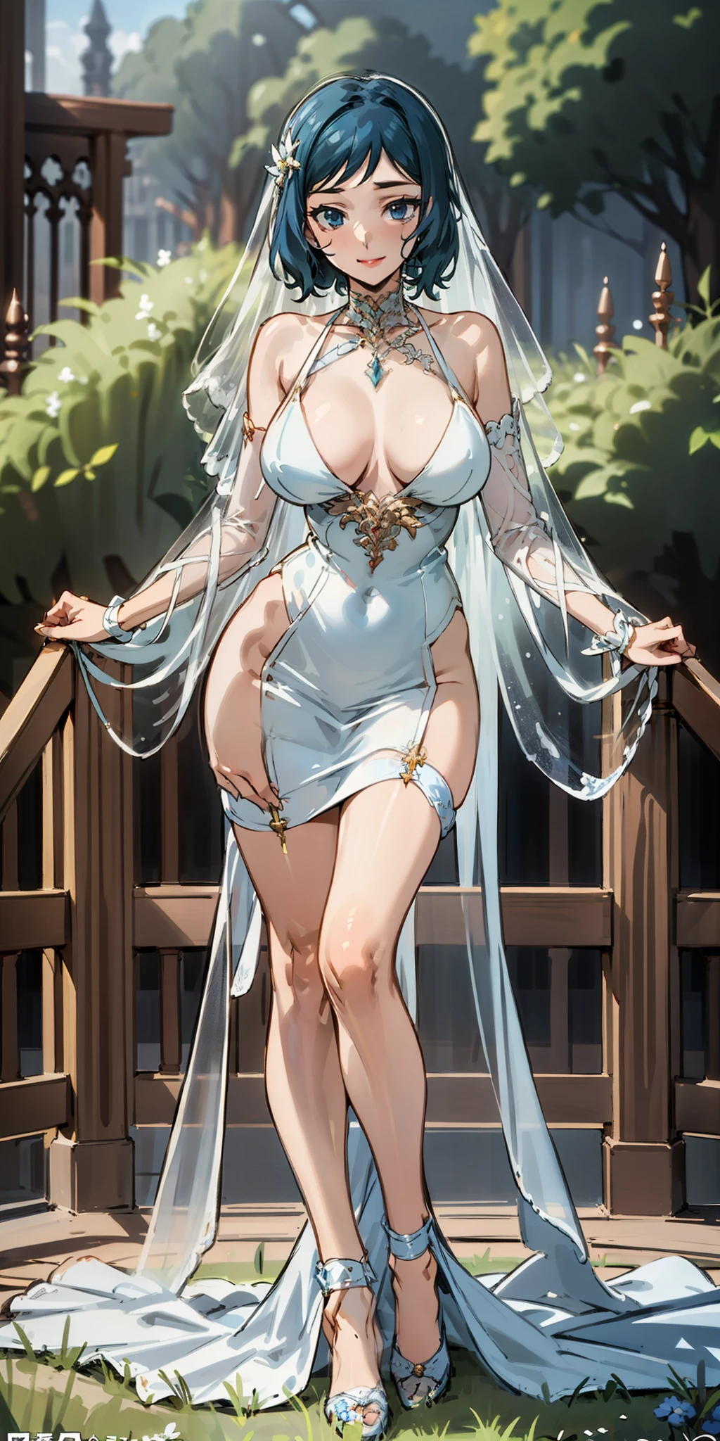 (Masterpiece), Best Quality , ultra-detailed, perfect hands(Delicate finger expression), perfect legs, Delicate eye expression, delicate lip expression, 1girl (rinko_iori, Sexy, Slender and sexy body, huge breasts,wide hips, naked body, dark blue hair, long hair, blue eyes), closed mouth, Solo,nude, full body,weddingdress, White veil, garden, standing, Sexy waist teasing,smile, The best body shape, Perfect feminine curves, sexy milfs