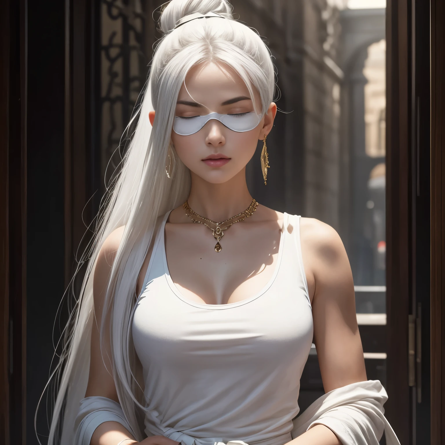 showcasing a strong and bold female character. Her long, white hair thats in a bun, reminiscent of a waterfall, is adorned with ornamental hair accessories, including an elegant hair bun and single hair sidelocks. She is wearing, a white tank top, and sweats, and a white blindfold covering her eyes, presenting a casual yet chic look. A white blindfold covers her eyes, adding a layer of mystery. The sparkle of her earrings and the elaborate jewelry she wears demonstrates her refined taste. Her skin is rich and brown, complementing her white hair beautifully. She exudes an aura of power, signified by the tools or equipment she holds, suggesting she is a skilled fighter or warrior of some short as she is holding a blade