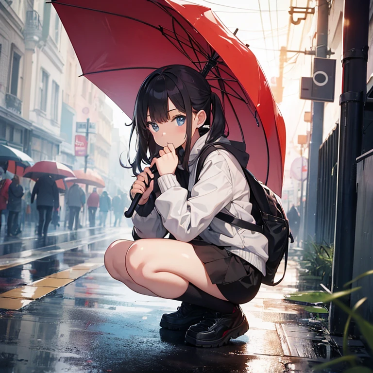 A girl squatting while holding an umbrella