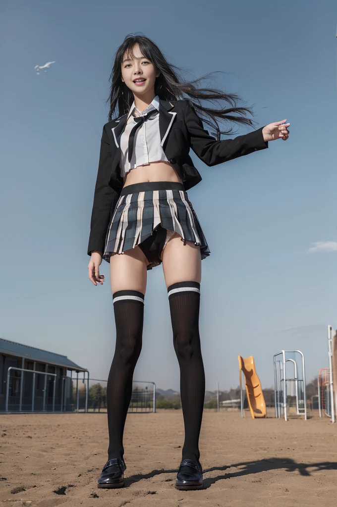 ((full body:1.4)), (masterpiece, best quality:1.2), cowboy shot, solo, 1girl, yukinoshita yukino, smile, open mouth, looking at viewer, ((standing:1.4)), ((playground background)), black shadow eye, make up, school uniform, black jacket, plaid skirt, black stockings, ((black loafers:1.2)), ((sky from below:1.4)), ((show panties:1.3)),