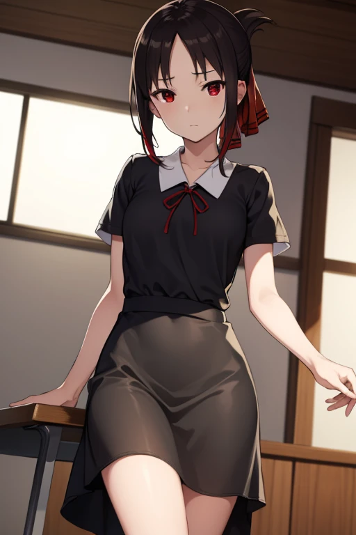 kaguyashinomiya, kaguya shinomiya, folded ponytail, forehead, hair ribbon, (red eyes:1.5), red ribbon, ribbon, short hair, sidelocks, (small breast:1.2),
BREAK black dress, dress, pinafore dress, school uniform, shirt, short sleeves, shuuchiin academy school uniform, white shirt,
BREAK looking at viewer,
BREAK indoors, classroom,
BREAK (masterpiece:1.2), best quality, high resolution, unity 8k wallpaper, (illustration:0.8), (beautiful detailed eyes:1.6), extremely detailed face, perfect lighting, extremely detailed CG, (perfect hands, perfect ???????),