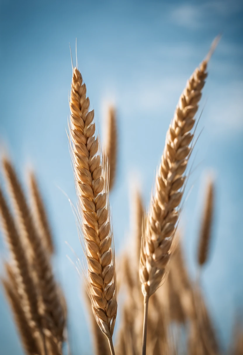 a creative shot of a single wheat stalk, isolated against a clear blue sky or a contrasting background, emphasizing its height and elegance