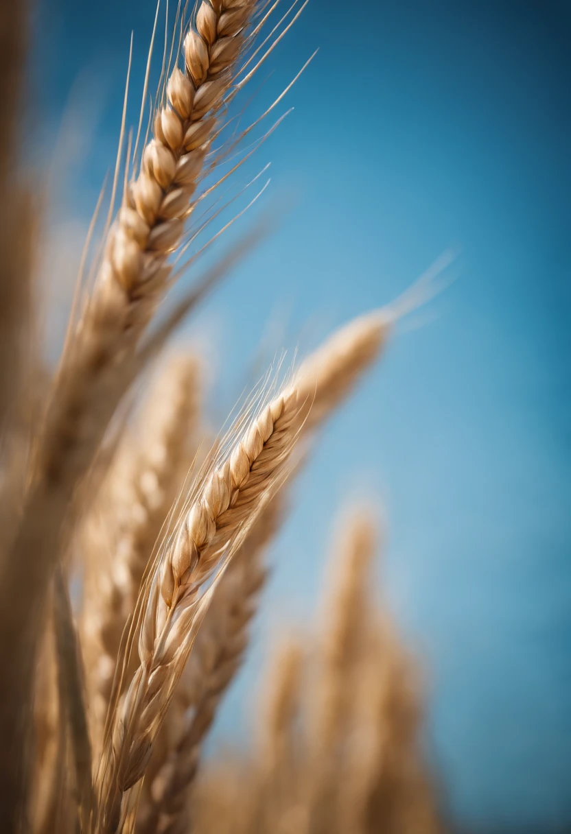 a creative shot of a single wheat stalk, isolated against a clear blue sky or a contrasting background, emphasizing its height and elegance