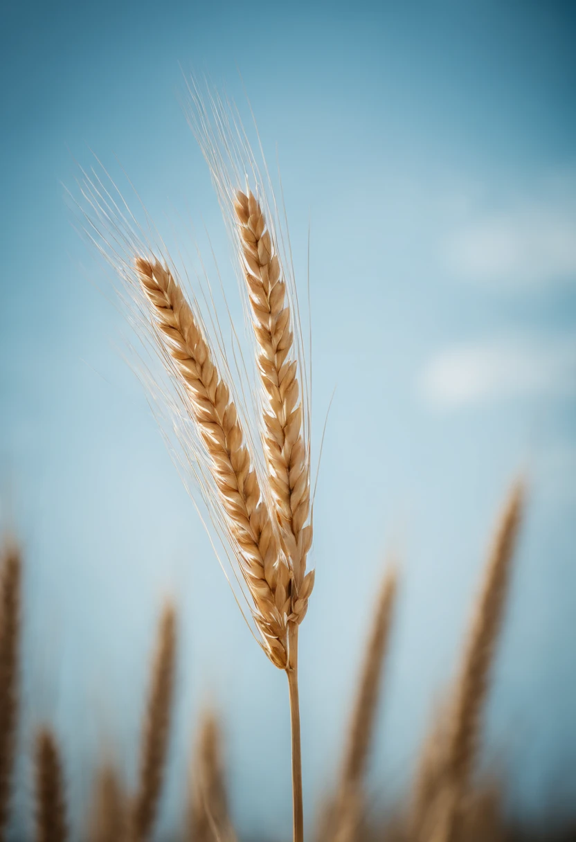 a creative shot of a single wheat stalk, isolated against a clear blue sky or a contrasting background, emphasizing its height and elegance
