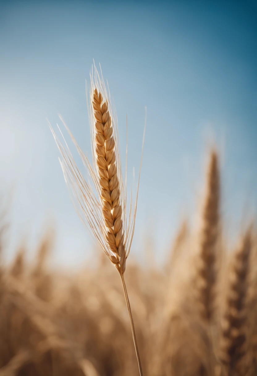 a creative shot of a single wheat stalk, isolated against a clear blue sky or a contrasting background, emphasizing its height and elegance