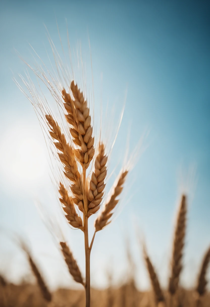 a creative shot of a single wheat stalk, isolated against a clear blue sky or a contrasting background, emphasizing its height and elegance