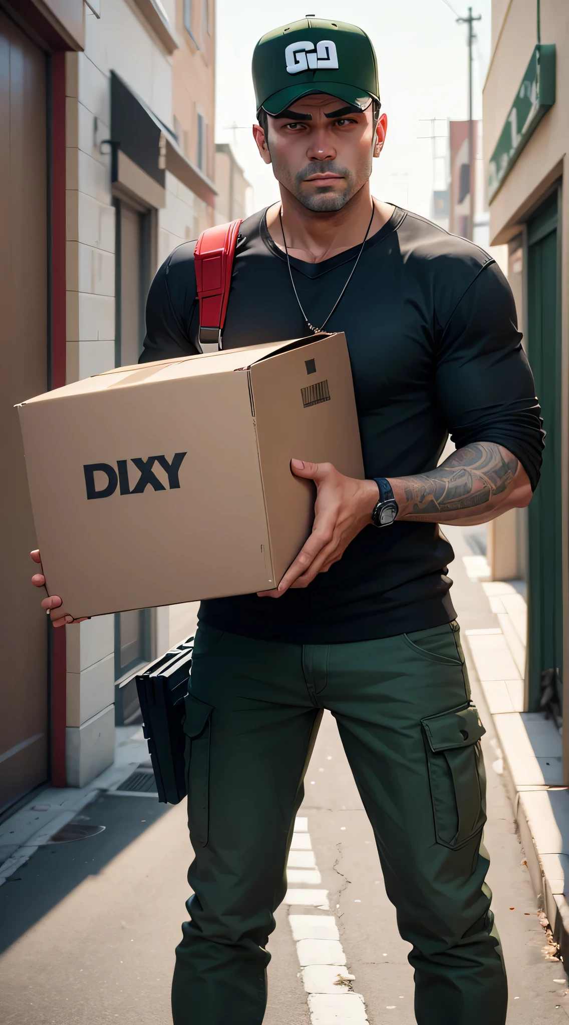 make a delivery man holding a box eager to deliver it GTA V style
