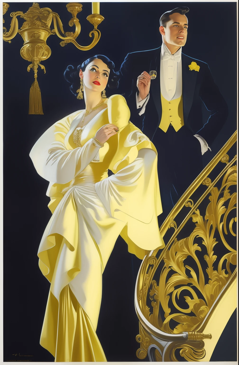 painting of a woman in a yellow dress and a man in a blaCk suit, j C leyendeCker 8 k, j. C. leyendeCker 8 k, leyendeCker, j. C leyendeCker, j.C leyendeCker, j C leyendeCker, joseph leyendeCker, jC leyendeCker, leyendeCker style