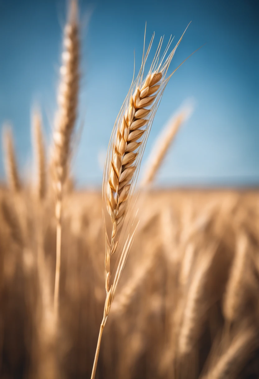 a creative shot of a single wheat stalk, isolated against a clear blue sky or a contrasting background, emphasizing its height and elegance