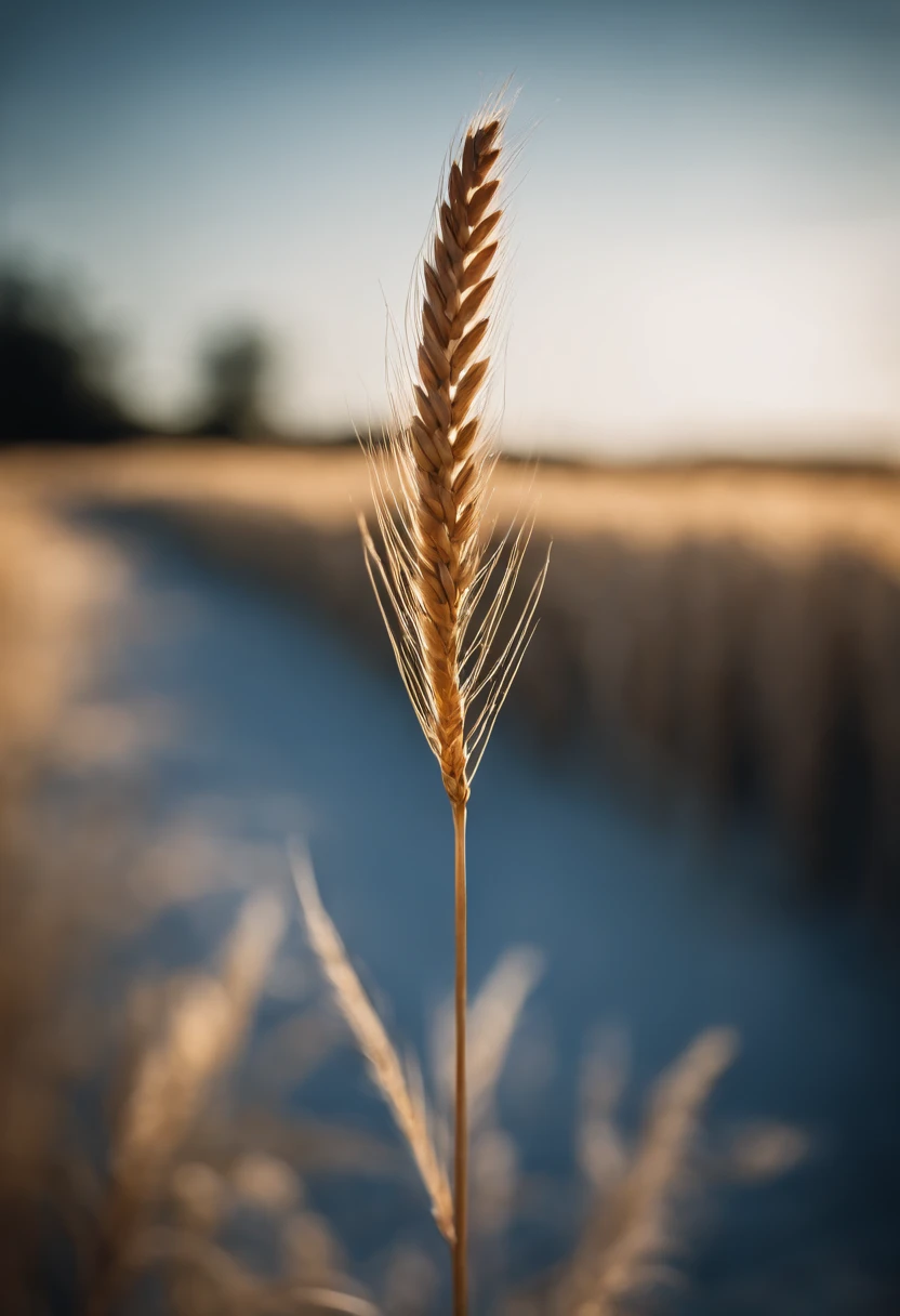 a creative shot of a single wheat stalk, isolated against a clear blue sky or a contrasting background, emphasizing its height and elegance