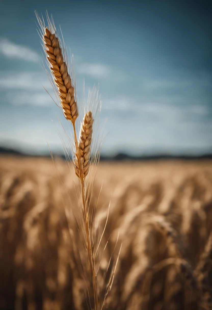 a creative shot of a single wheat stalk, isolated against a clear blue sky or a contrasting background, emphasizing its height and elegance