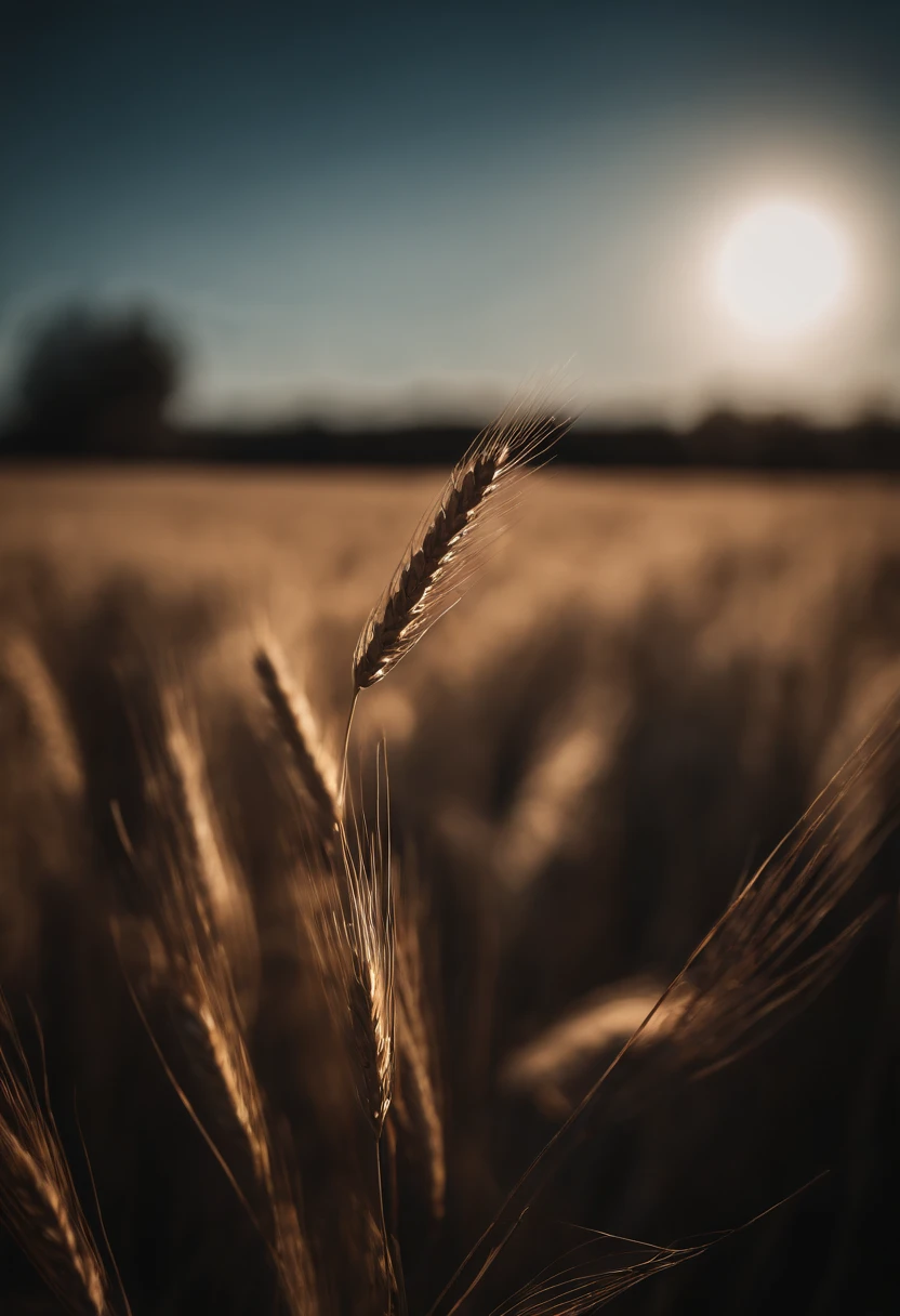 a creative shot of a single wheat stalk, isolated against a clear blue sky or a contrasting background, emphasizing its height and elegance