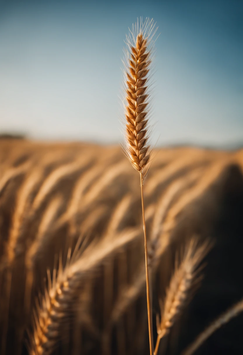 a creative shot of a single wheat stalk, isolated against a clear blue sky or a contrasting background, emphasizing its height and elegance